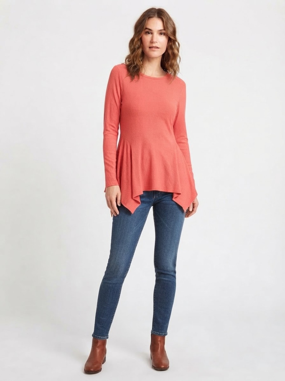 Zara Coral Long-Sleeve Asymmetric Tunic Top